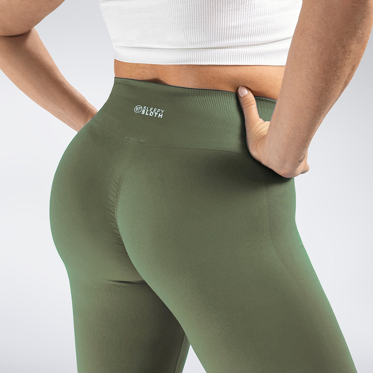 Leggings in soft sage on model - Evolve Collection activewear