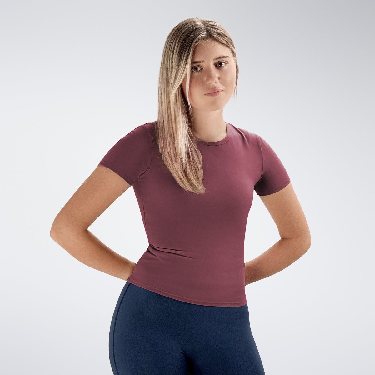 Compression Top in burgundy on model - Terra Collection activewear
