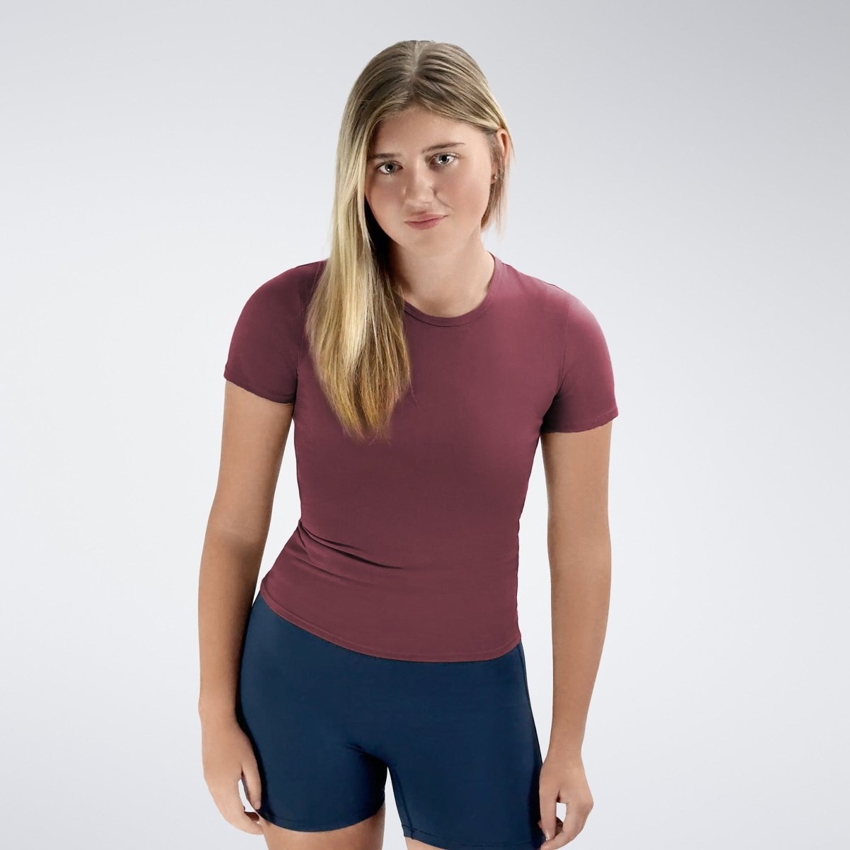 Compression Top in burgundy on model - Terra Collection activewear