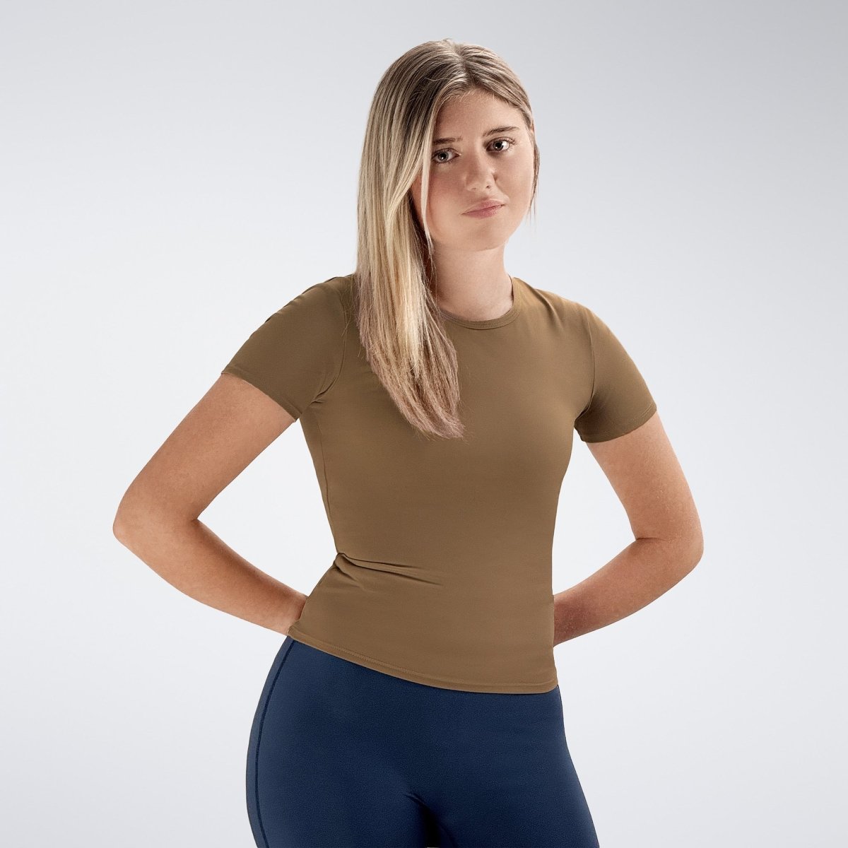 Compression Top in coffee brown on model - Terra Collection activewear