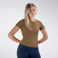 Compression Top in coffee brown on model - Terra Collection activewear