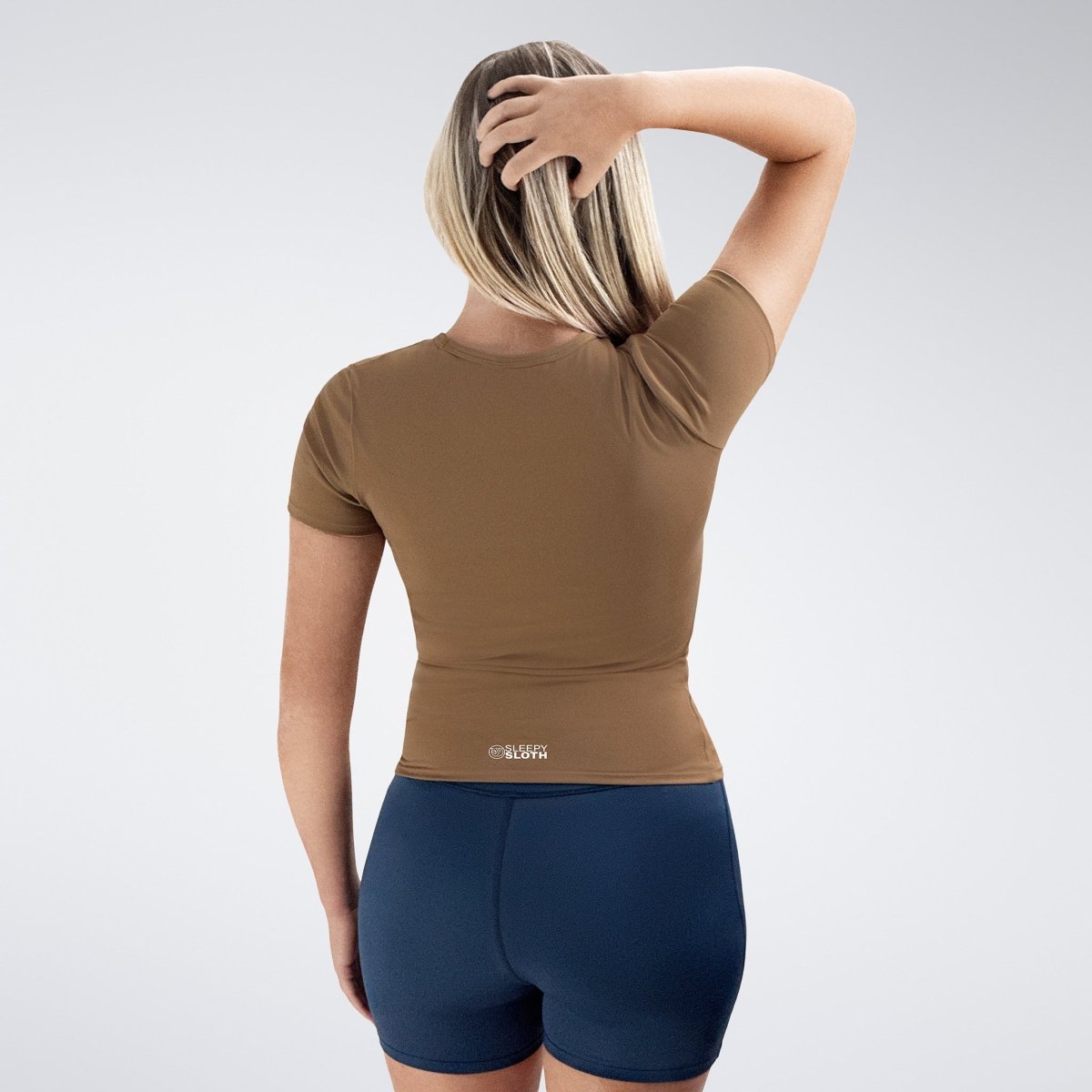 Compression Top in coffee brown on model - Terra Collection activewear