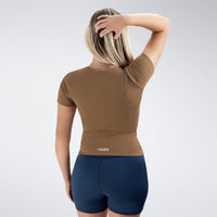 Compression Top in coffee brown on model - Terra Collection activewear