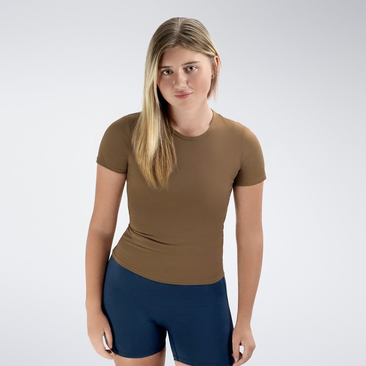 Compression Top in coffee brown on model - Terra Collection activewear