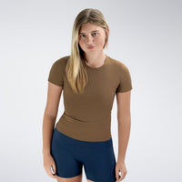 Compression Top in coffee brown on model - Terra Collection activewear