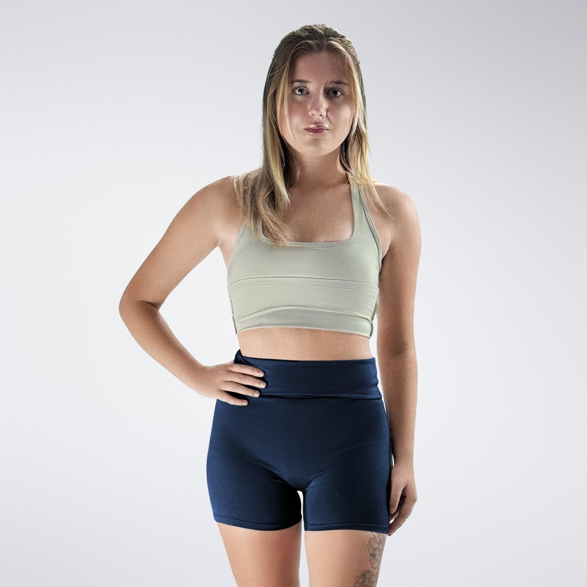 Rolled Shorts in navy on model - Drift Collection activewear
