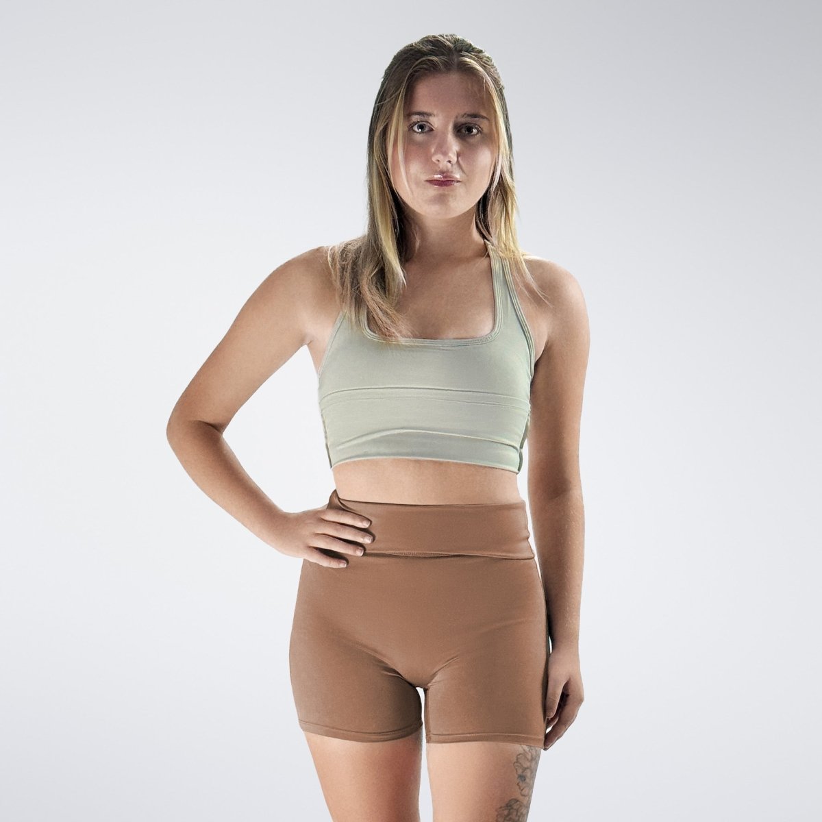 Rolled Shorts in coffee brown on model - Drift Collection activewear