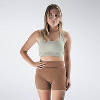 Rolled Shorts in coffee brown on model - Drift Collection activewear