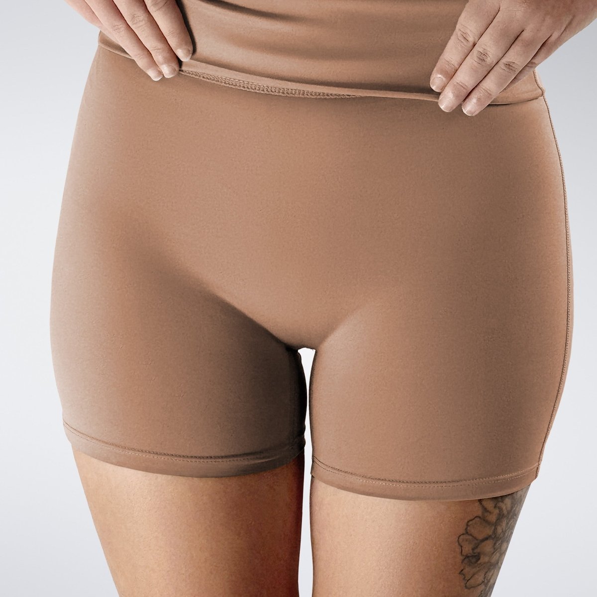Rolled Shorts in coffee brown on model - Drift Collection activewear