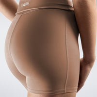 Rolled Shorts in coffee brown on model - Drift Collection activewear