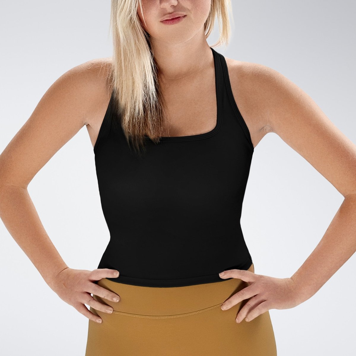 Racerback Tank Vest in black on model - Echo Collection activewear
