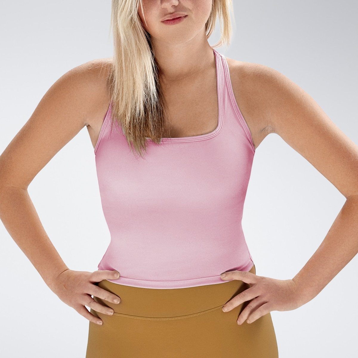 Racerback Tank Vest in pink on model - Echo Collection activewear