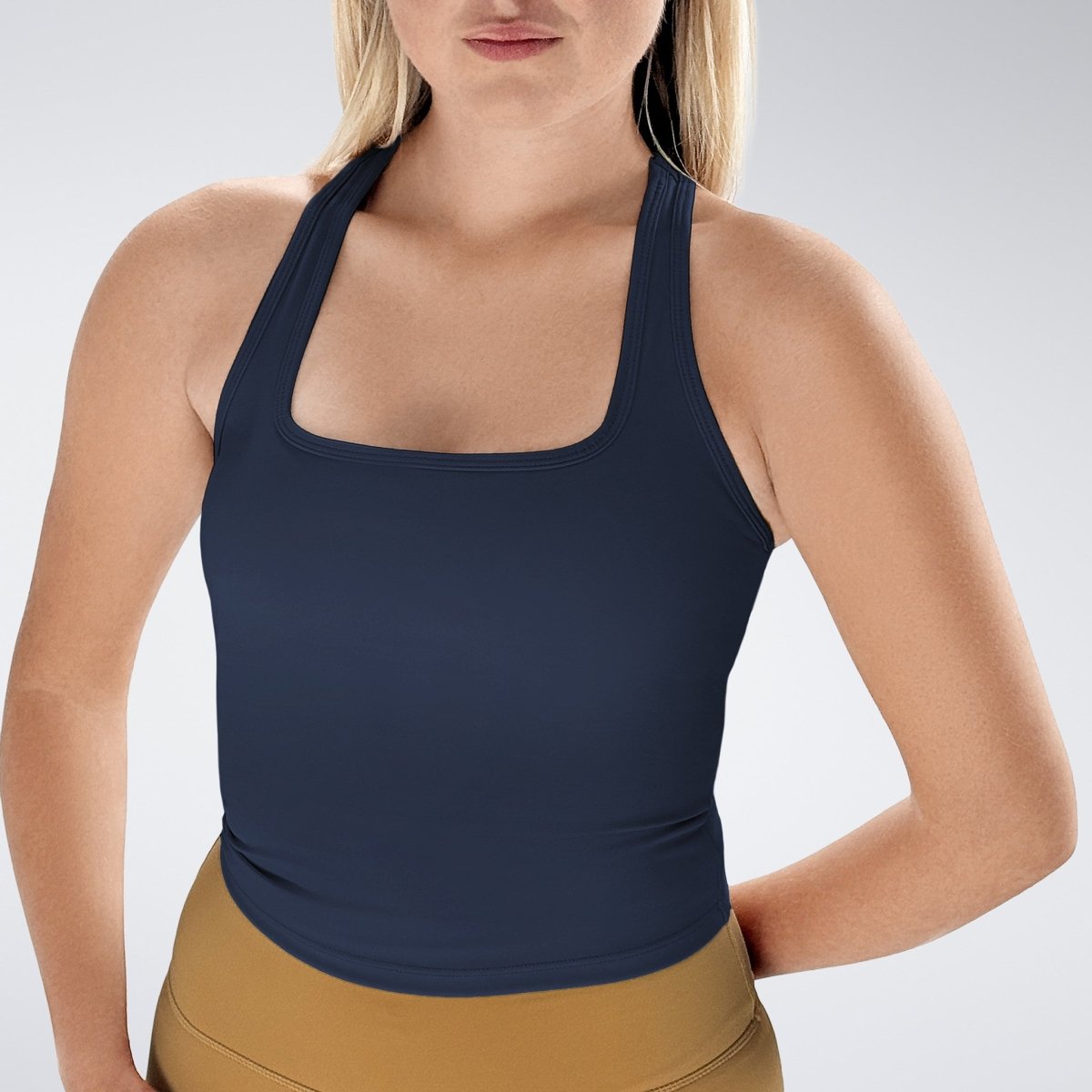 Racerback Tank Vest in navy on model - Echo Collection activewear