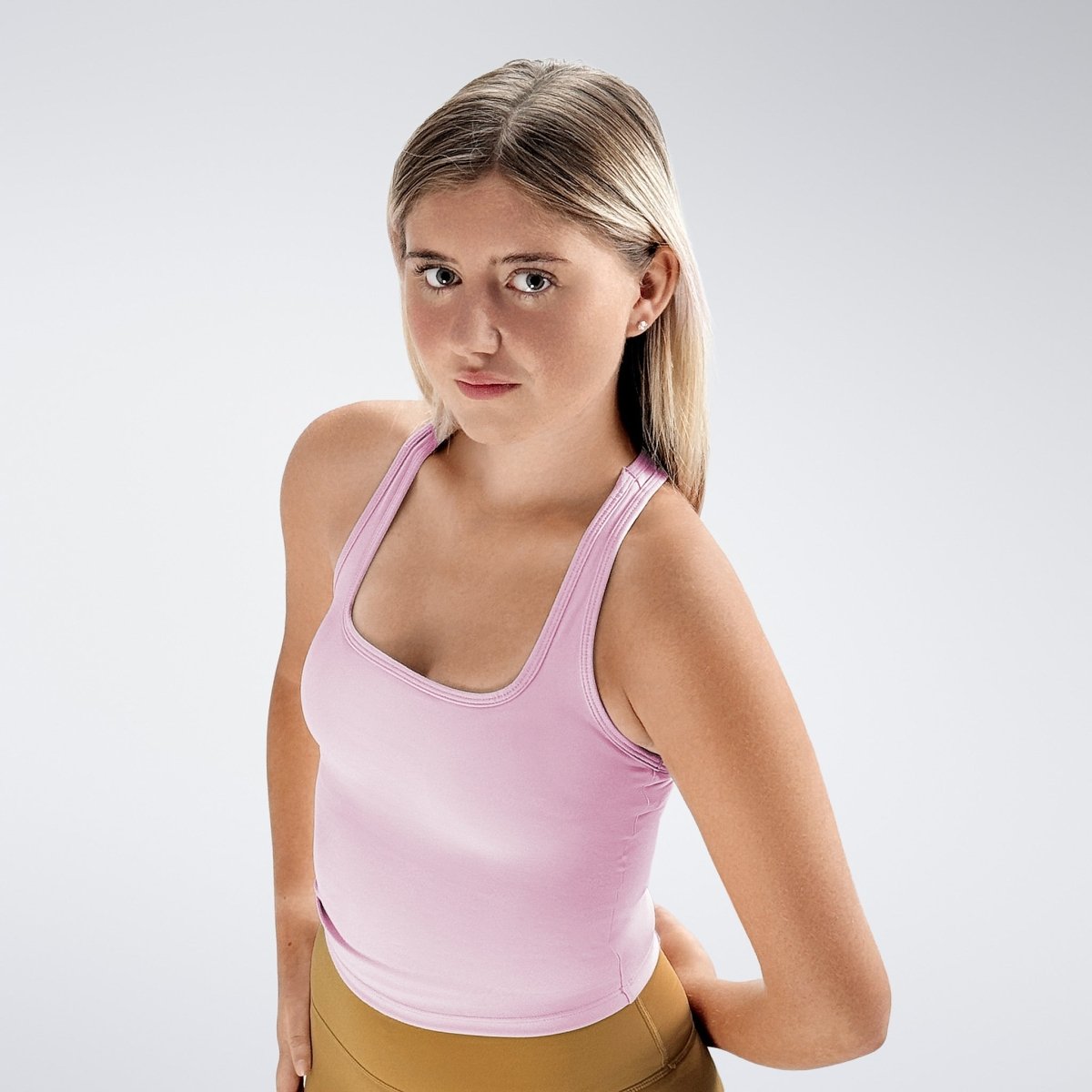 Racerback Tank Vest in pink on model - Echo Collection activewear