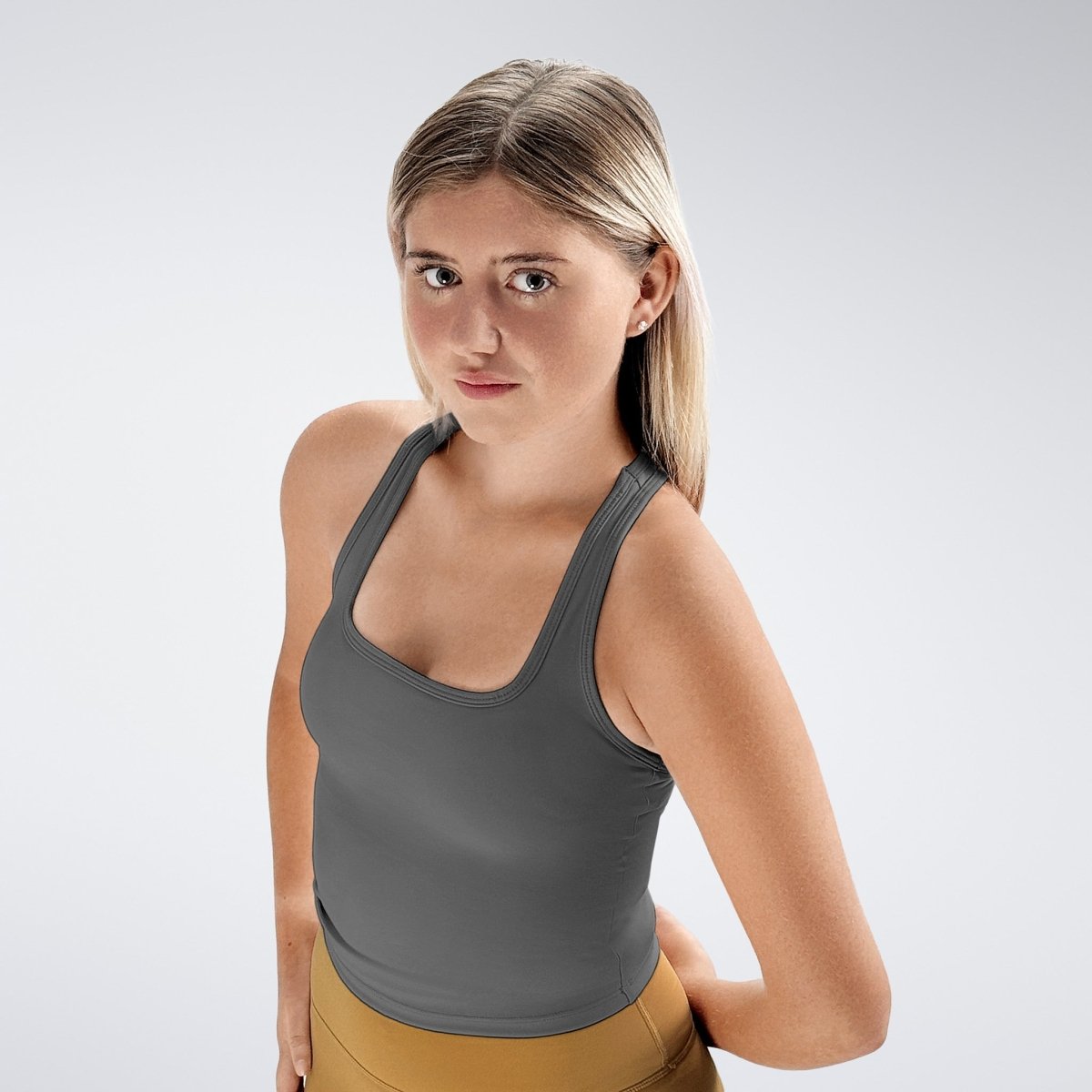 Racerback Tank Vest in battleship gray on model - Echo Collection activewear