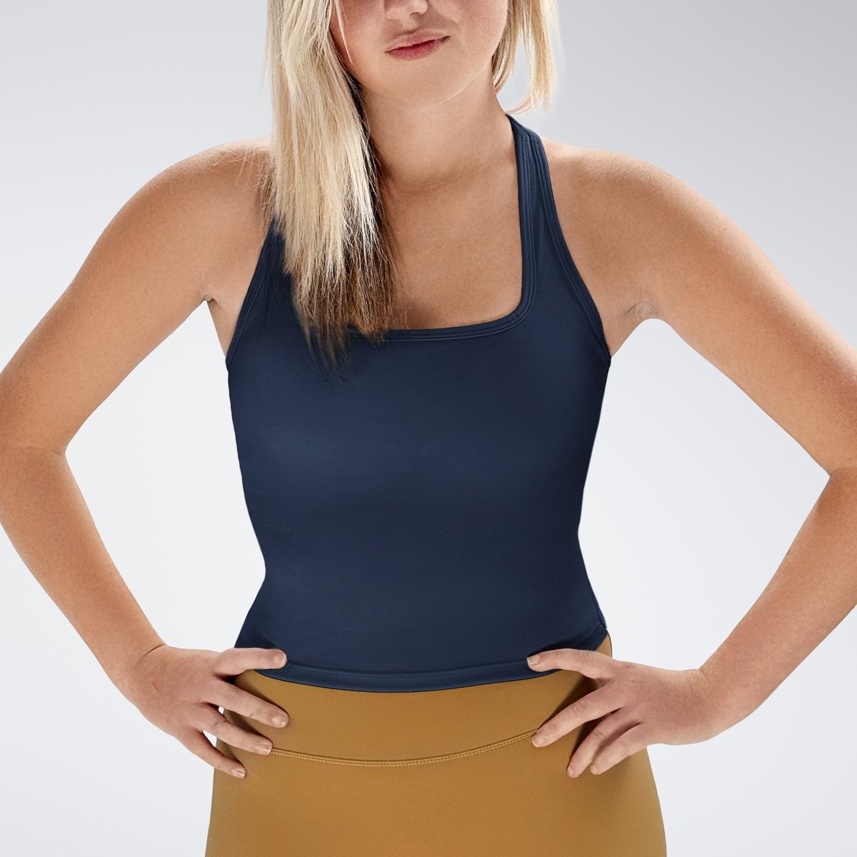 Racerback Tank Vest in navy on model - Echo Collection activewear