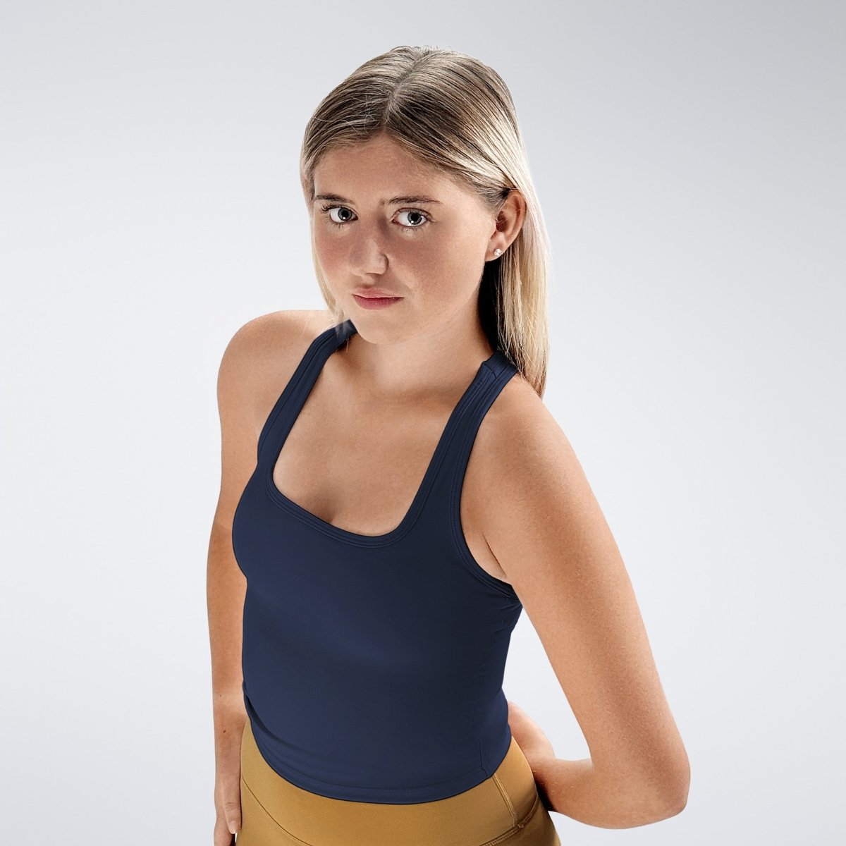 Racerback Tank Vest in navy on model - Echo Collection activewear