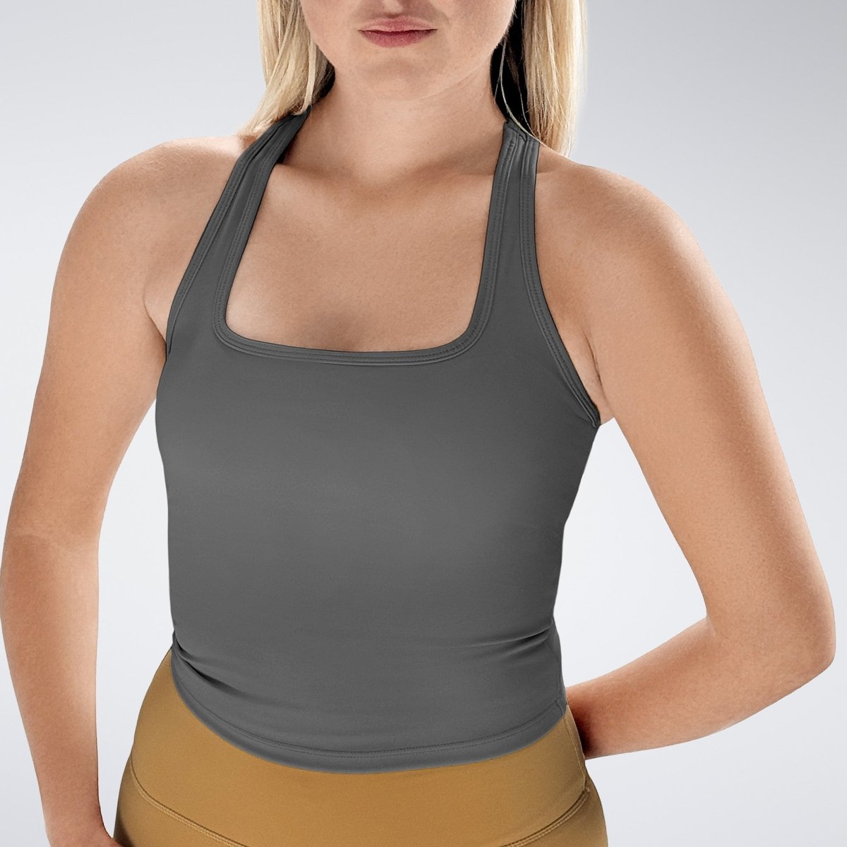 Racerback Tank Vest in battleship gray on model - Echo Collection activewear