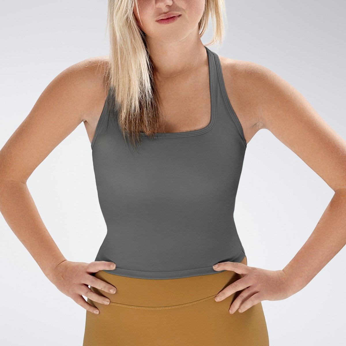 Racerback Tank Vest in battleship gray on model - Echo Collection activewear