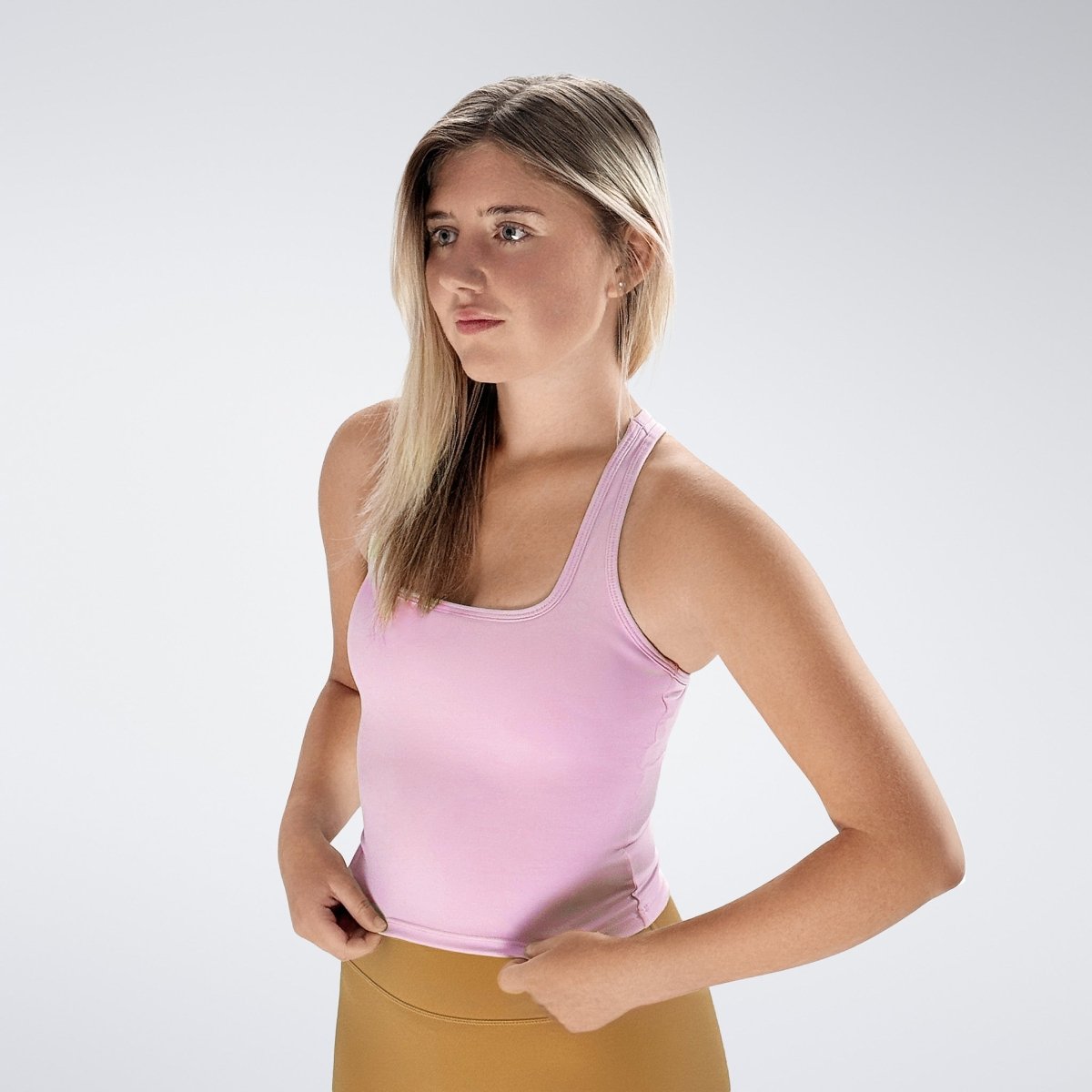 Racerback Tank Vest in pink on model - Echo Collection activewear