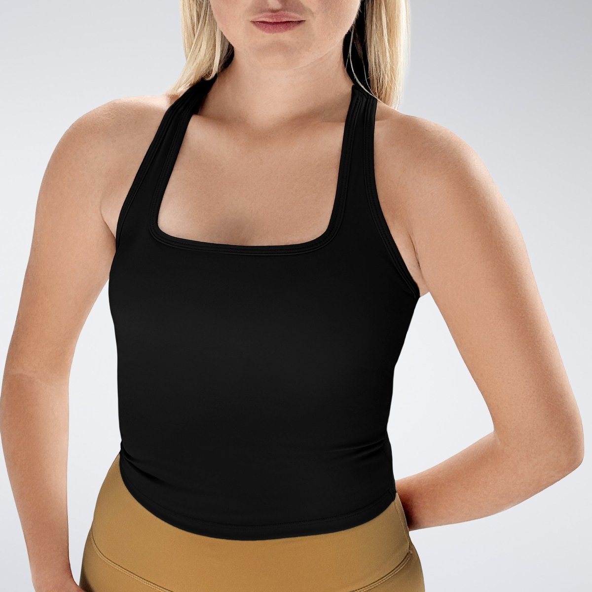 Racerback Tank Vest in black on model - Echo Collection activewear
