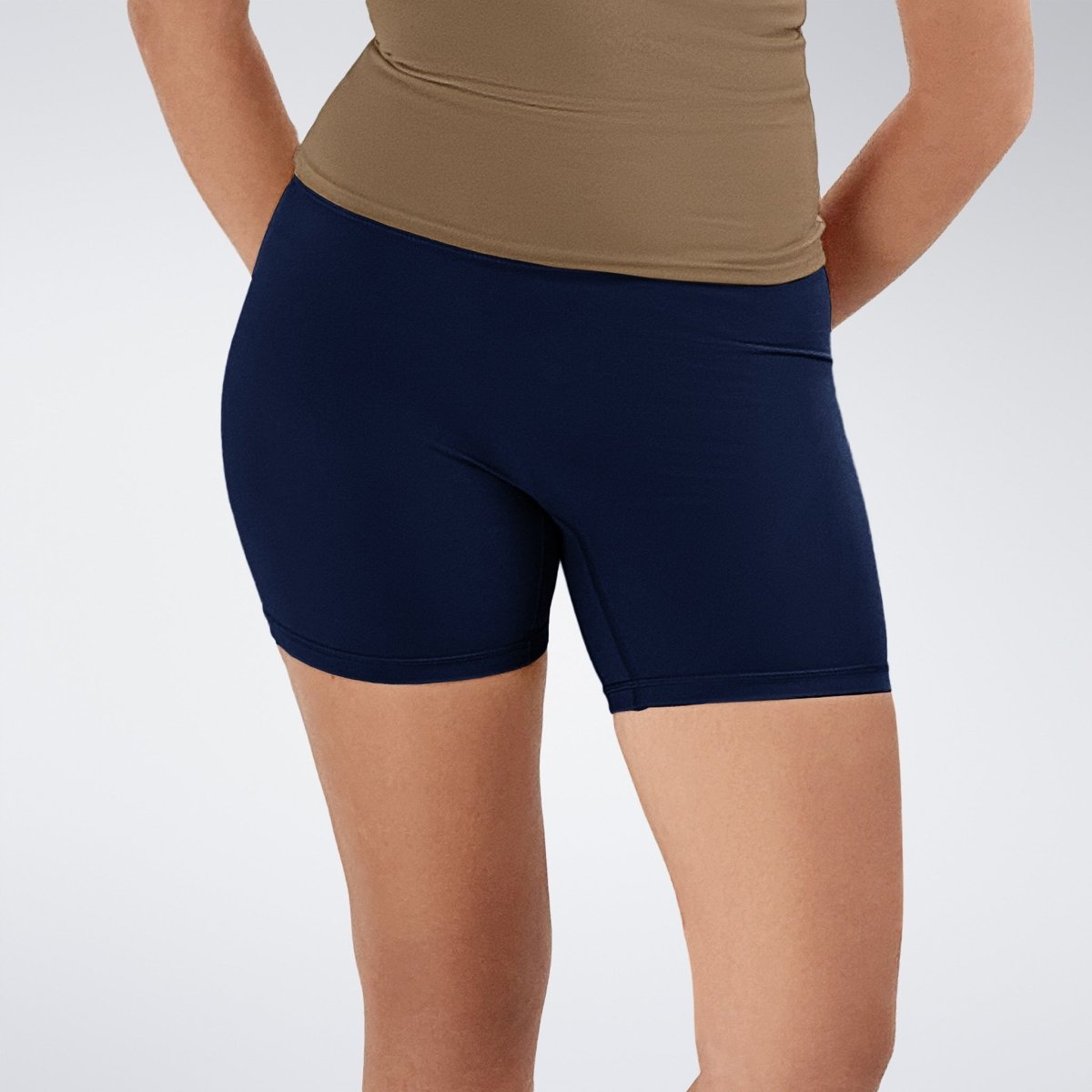 Shorts in midnight blue on model - Flow State Collection activewear