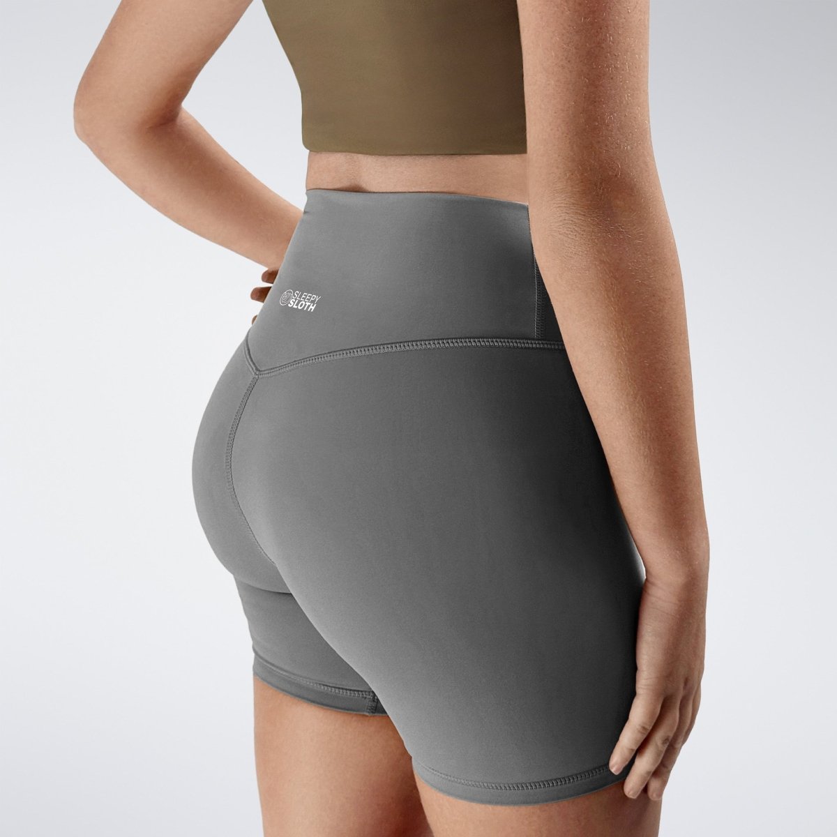Shorts in battleship gray on model - Flow State Collection activewear