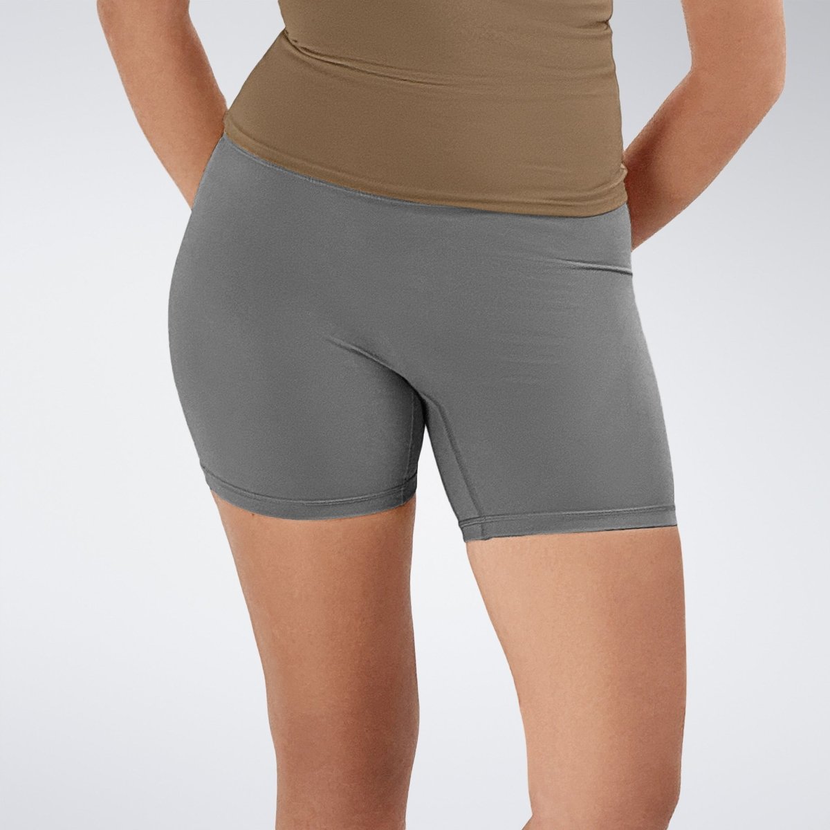 Shorts in battleship gray on model - Flow State Collection activewear