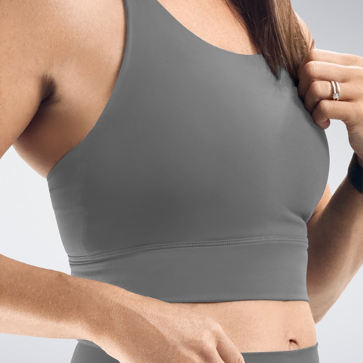 Cross-Back Yoga Bra in battleship gray on model - Flow State Collection activewear