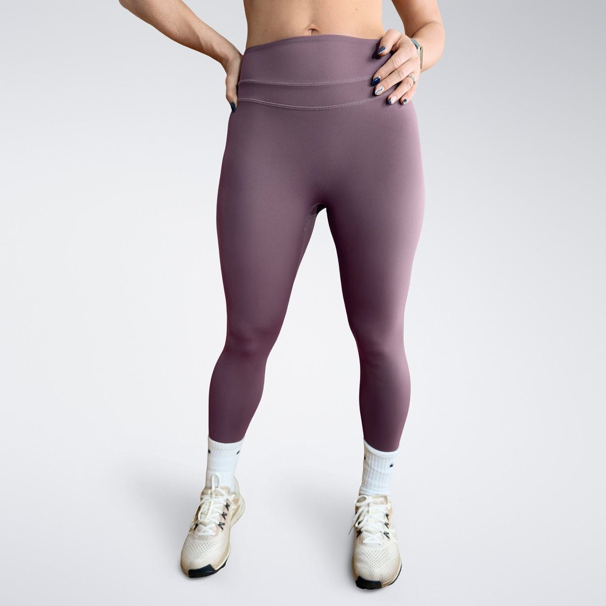 Leggings in plum on model - Halo Collection activewear