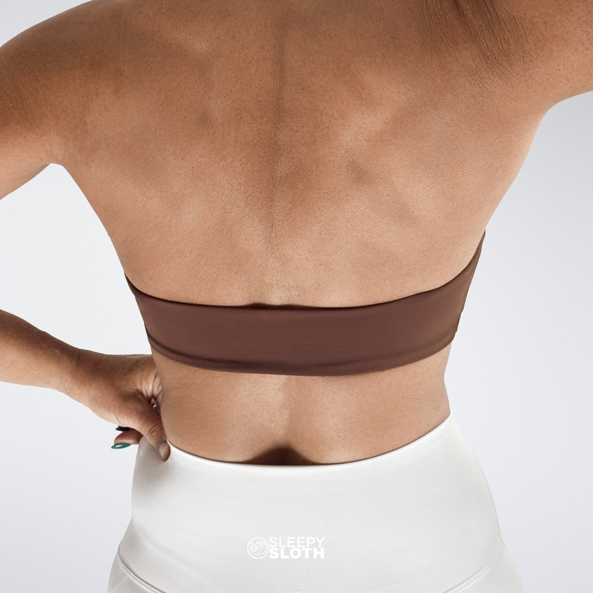 Halter Neck Sports Bra in chocolate brown on model - Halo Collection activewear