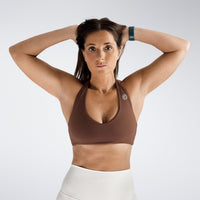 Halter Neck Sports Bra in chocolate brown on model - Halo Collection activewear