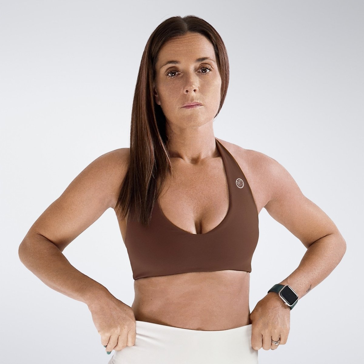Halter Neck Sports Bra in chocolate brown on model - Halo Collection activewear