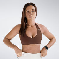 Halter Neck Sports Bra in chocolate brown on model - Halo Collection activewear