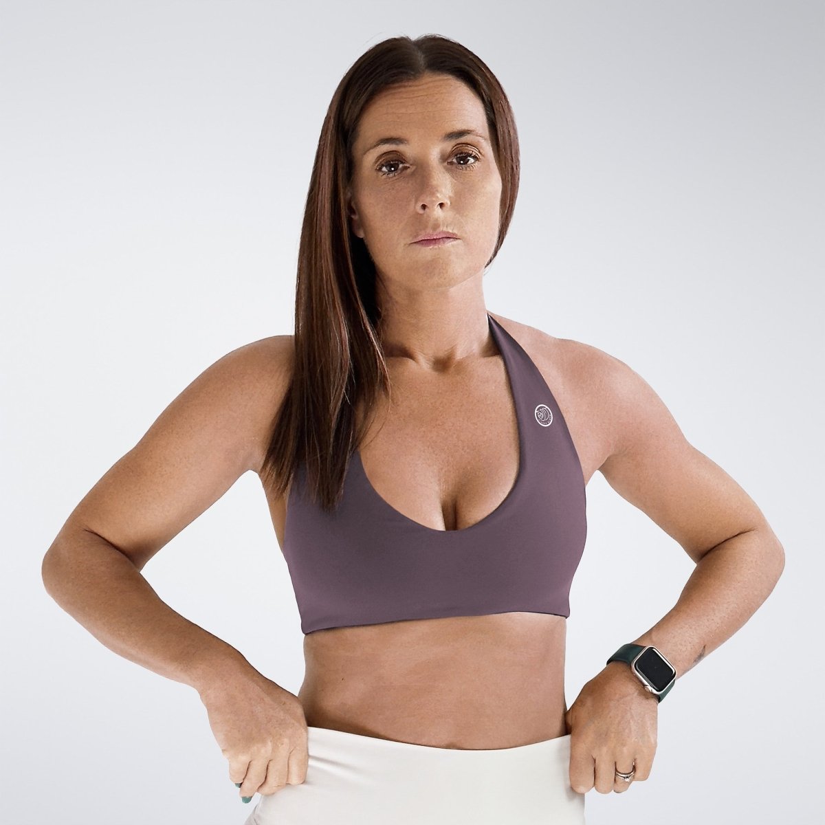 Halter Neck Sports Bra in plum on model - Halo Collection activewear