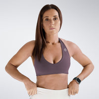 Halter Neck Sports Bra in plum on model - Halo Collection activewear