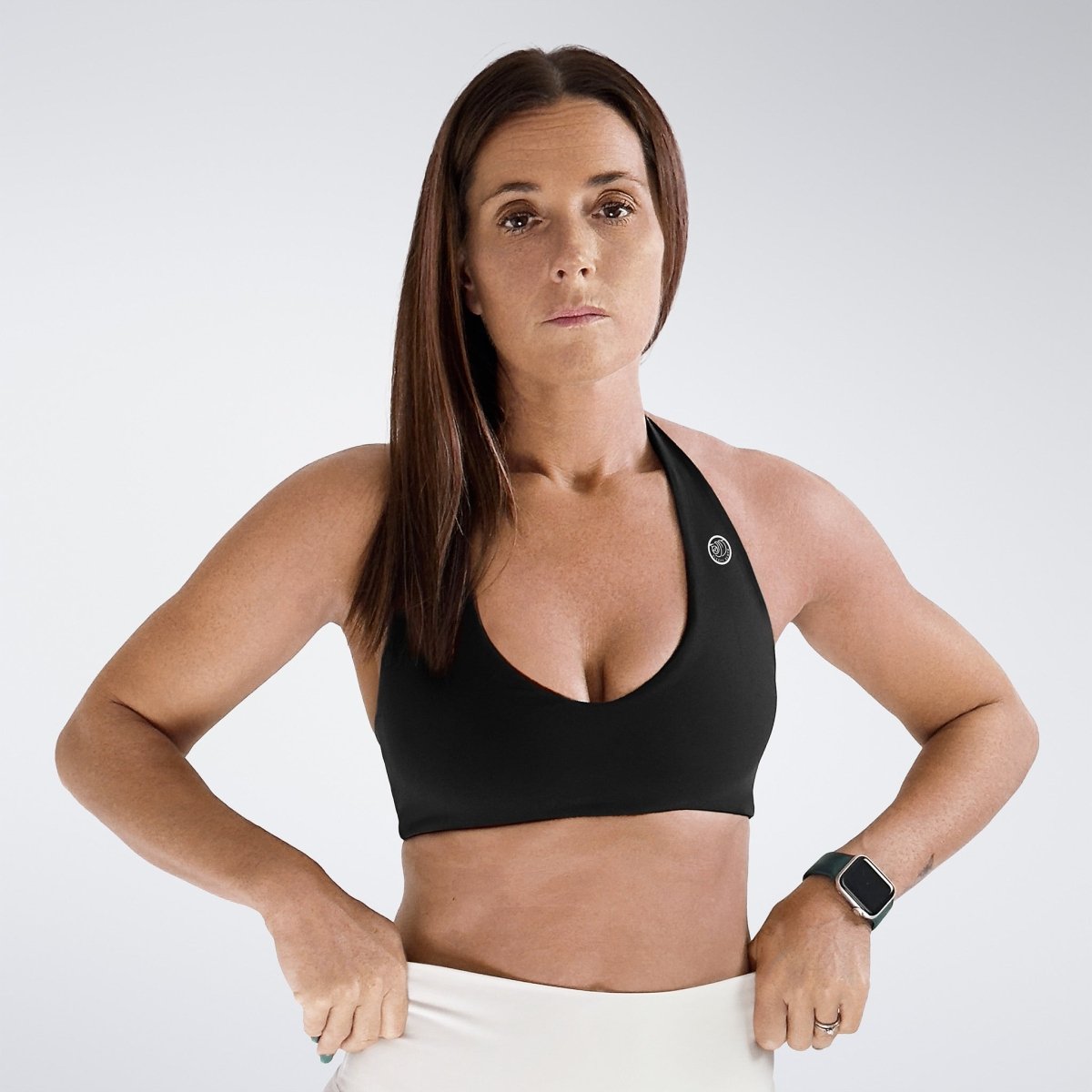 Halter Neck Sports Bra in black on model - Halo Collection activewear