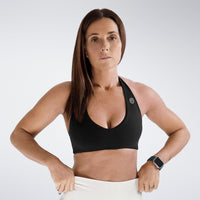 Halter Neck Sports Bra in black on model - Halo Collection activewear