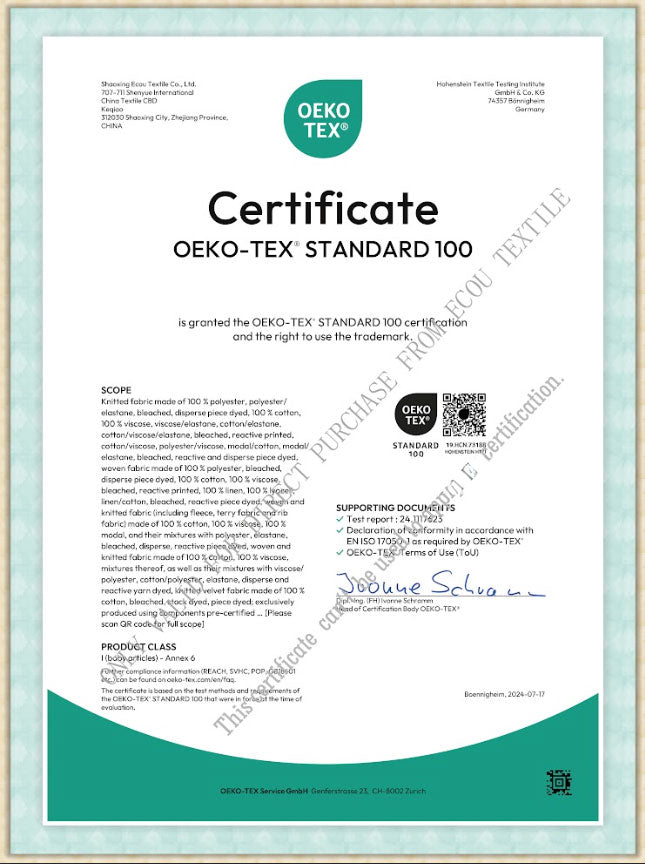 Oeko-Tex Standard 100 certification certificate with green border