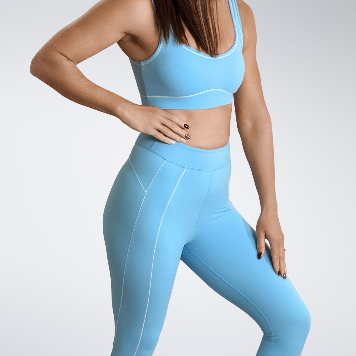 Leggings in alaska blue on model - Power-Fit Collection activewear