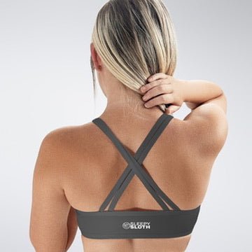 Cross Back Yoga Bra in battleship gray on model - Rise Collection activewear