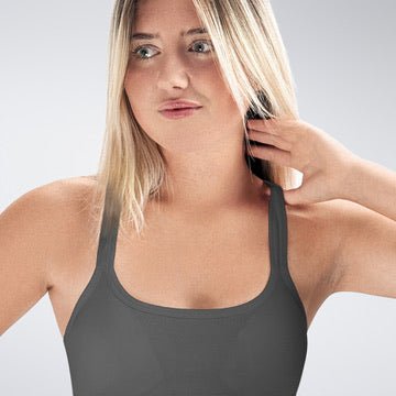Cross Back Yoga Bra in battleship gray on model - Rise Collection activewear