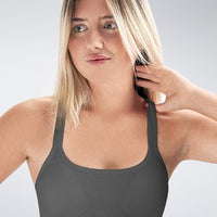 Cross Back Yoga Bra in battleship gray on model - Rise Collection activewear