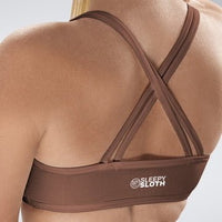 Cross Back Yoga Bra in chocolate brown on model - Rise Collection activewear