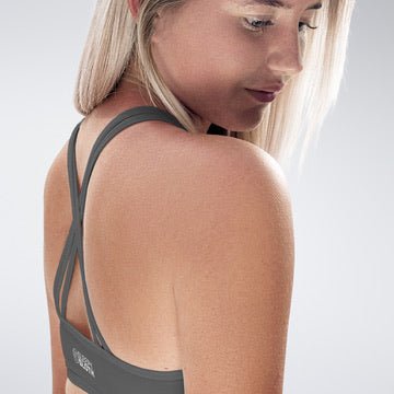 Cross Back Yoga Bra in battleship gray on model - Rise Collection activewear