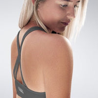 Cross Back Yoga Bra in battleship gray on model - Rise Collection activewear
