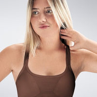 Cross Back Yoga Bra in chocolate brown on model - Rise Collection activewear