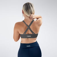 Cross Back Yoga Bra in battleship gray on model - Rise Collection activewear