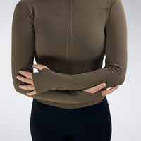 Yoga Jacket in coffee brown on model - Pulse Collection activewear