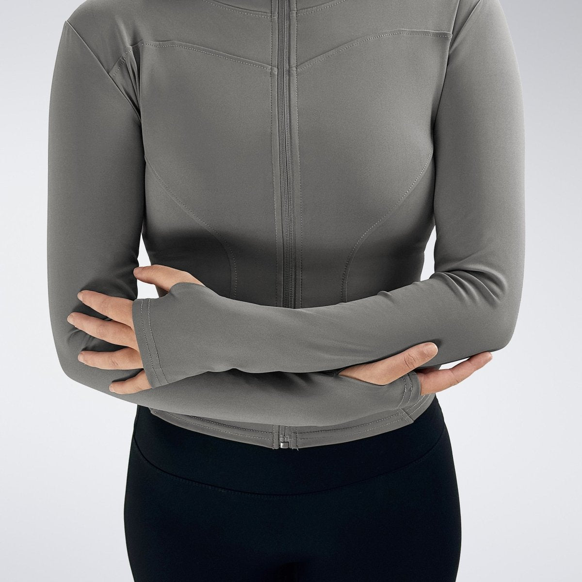 Yoga Jacket in deep grey on model - Pulse Collection activewear